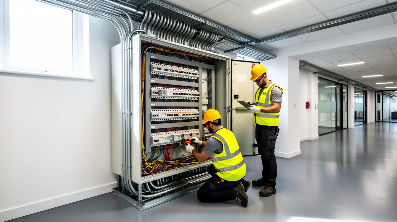 Electrical contractors at work on a commercial installation